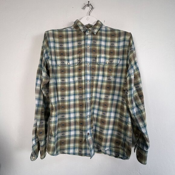 Ariat Retro Fit Mens Plaid Long Sleeve Button-Up Snap Shirt Medium Brown/Blue - Picture 1 of 12